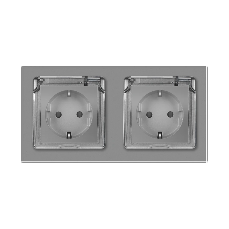 Подвійна електрична розетка вологозахисна з кришкою IP44 з заземленням, LIVOLO, сіра, скляна рамка, шторки, 250В 16А (VL-C7C2EUWF-15)