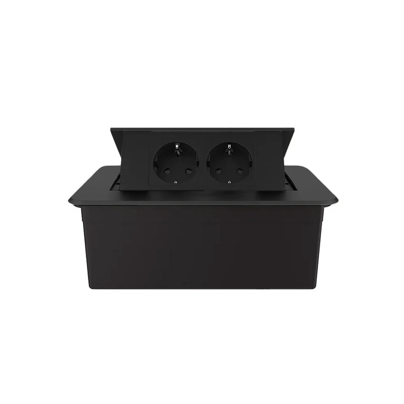 Меблева розетка подвійна LIVOLO чорна, вбудована у стільницю, для кухні/офісу/конференц-залу, висувна, з заземленням, плавне відкриття, алюміній 155×118×70 мм (VL-SHS012-TCBP-B)
