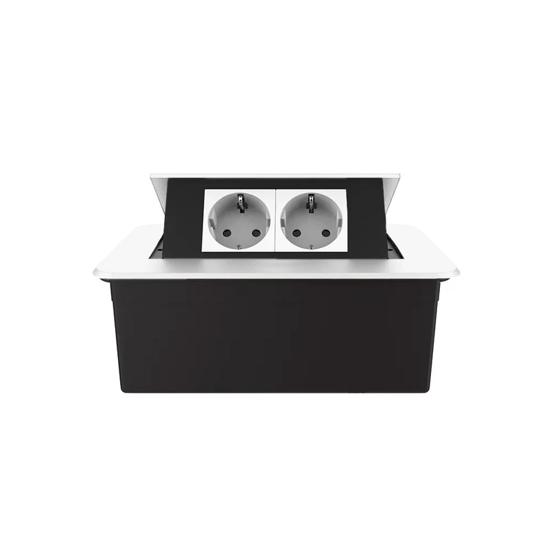 Меблева розетка подвійна LIVOLO біла, вбудована у стільницю, для кухні/офісу/конференц-залу, висувна, з заземленням, плавне відкриття, алюміній 155×118×70 мм (VL-SHS012-TCWP-W)