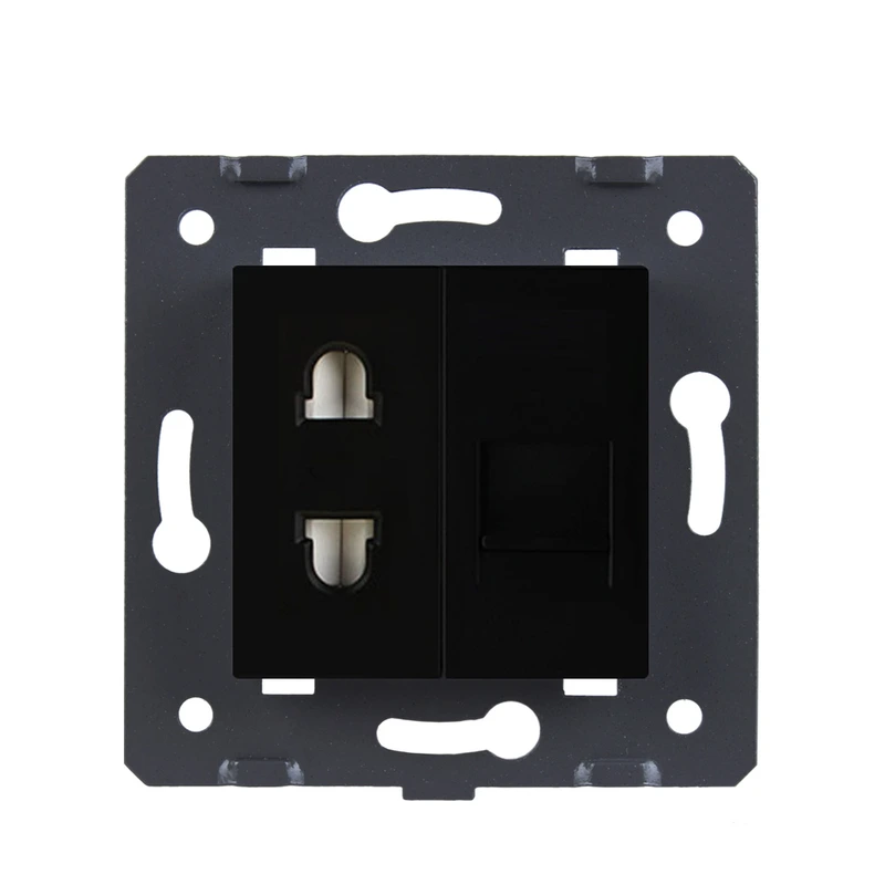 Розетка LIVOLO: універсальна 2-в-1 + комп'ютерна RJ-45 (8P8C Cat.6), чорна, зі шторкою, модуль (C7-C1A1C-12)