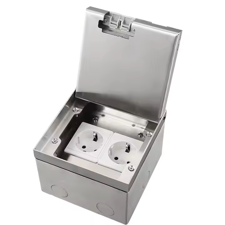 Розетка підлогова подвійна LIVOLO срібна, вбудована невидима прихованого монтажу, з кришкою, 2 розетки з заземленням, IP54, нержавіюча сталь, розмір 130×130×84 мм (VL-SHSJ52-TCIP-I)