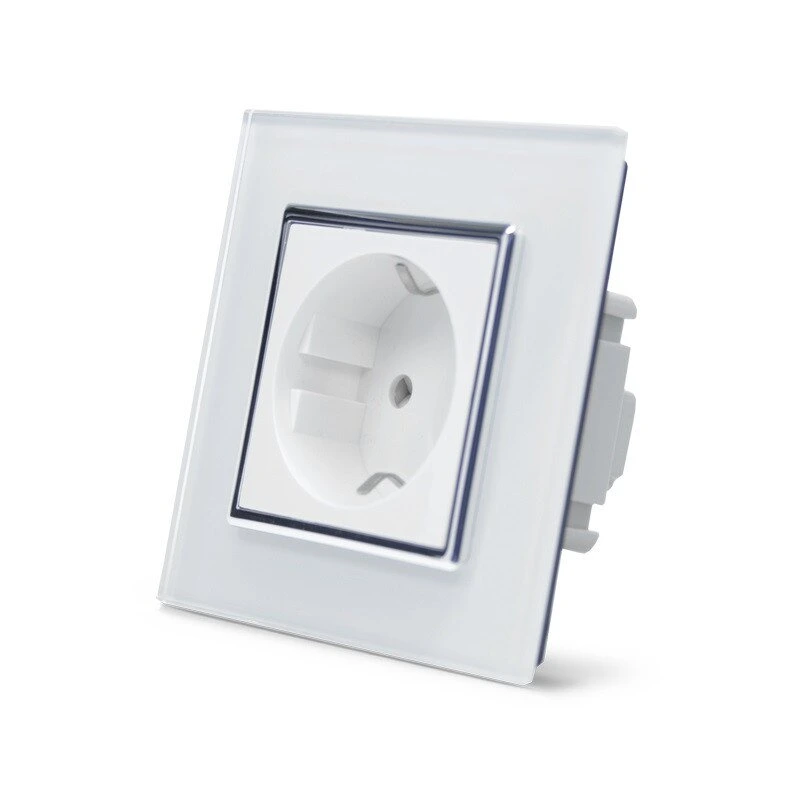 Електрична розетка з заземленням LIVOLO, біла з хромованою вставкою, скло, шторки, 250В 16А (VL-C7C1EU-11C)