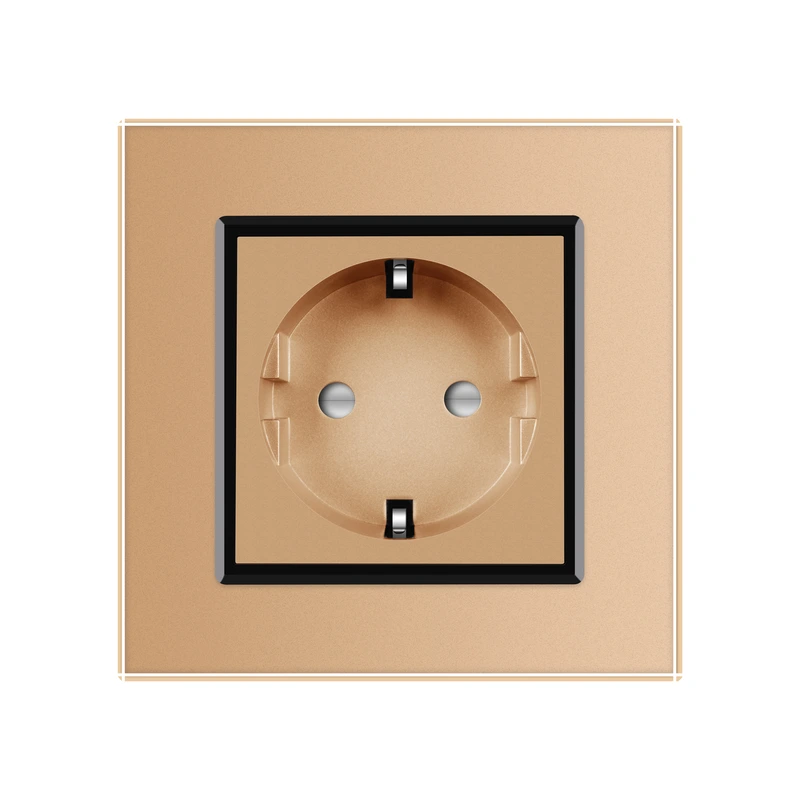 Електрична розетка з заземленням LIVOLO, золота з чорною вставкою, шторки, скло, 250В 16А (VL-C7C1EU-13B)