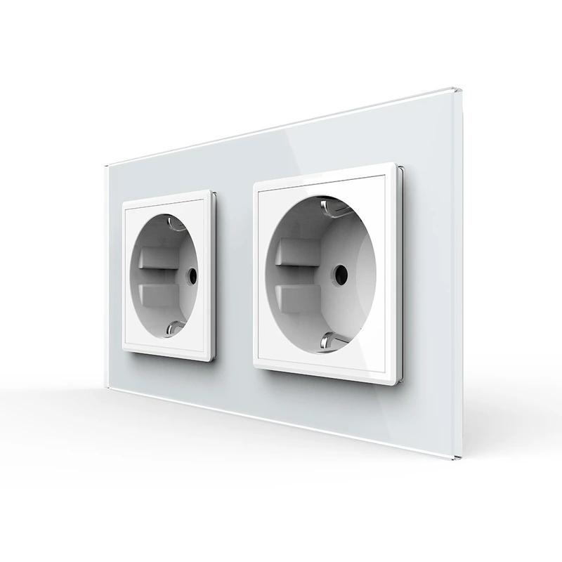 Подвійна електрична розетка з заземленням LIVOLO, біла, скляна рамка, шторки, 250В 16А (VL-C7C2EU-11)