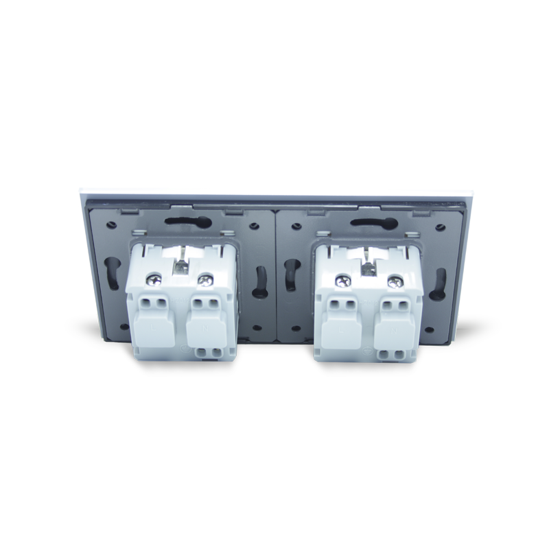 Подвійна електрична розетка з заземленням LIVOLO, чорна з білою рамкою, хромованою вставкою, скло, шторки, 250В 16А (VL-C7C2EU-11/12C)