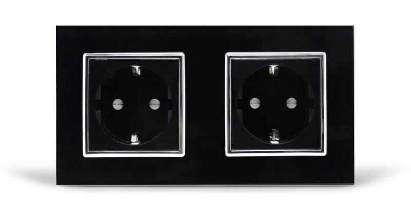 Подвійна електрична розетка з заземленням LIVOLO, чорна з хромованою вставкою, скляна рамка, шторки, 250В 16А (VL-C7C2EU-11C)