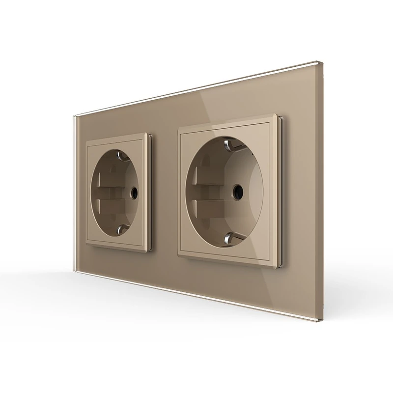 Подвійна електрична розетка з заземленням LIVOLO, золота, скляна рамка, шторки, 250В 16А (VL-C7C2EU-13)