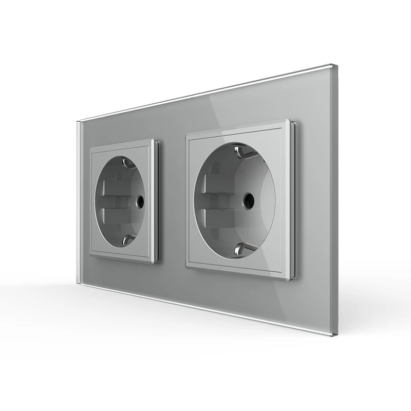 Подвійна електрична розетка з заземленням LIVOLO, сіра, скляна рамка, шторки, 250В 16А (VL-C7C2EU-15)