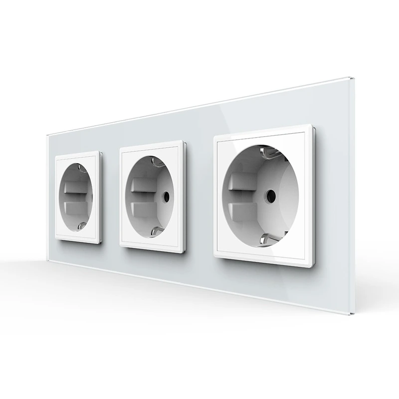 Потрійна електрична розетка з заземленням LIVOLO, біла, скляна рамка, шторки, 250В 16А (VL-C7C3EU-11)
