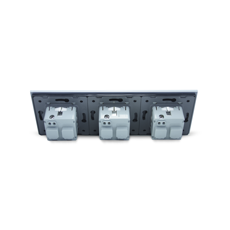 Потрійна електрична розетка з заземленням LIVOLO, чорна з білою рамкою, хромованою вставкою, скло, шторки, 250В 16А (VL-C7C3EU-11/12C)