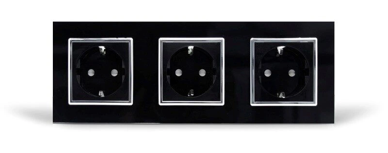 Потрійна електрична розетка з заземленням LIVOLO, чорна з хромованою вставкою, скляна рамка, шторки, 250В 16А (VL-C7C3EU-12C)