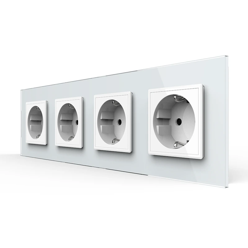 Чотиримісна електрична розетка з заземленням LIVOLO, біла, скляна рамка, шторки, 250В 16А (VL-C7C4EU-11)