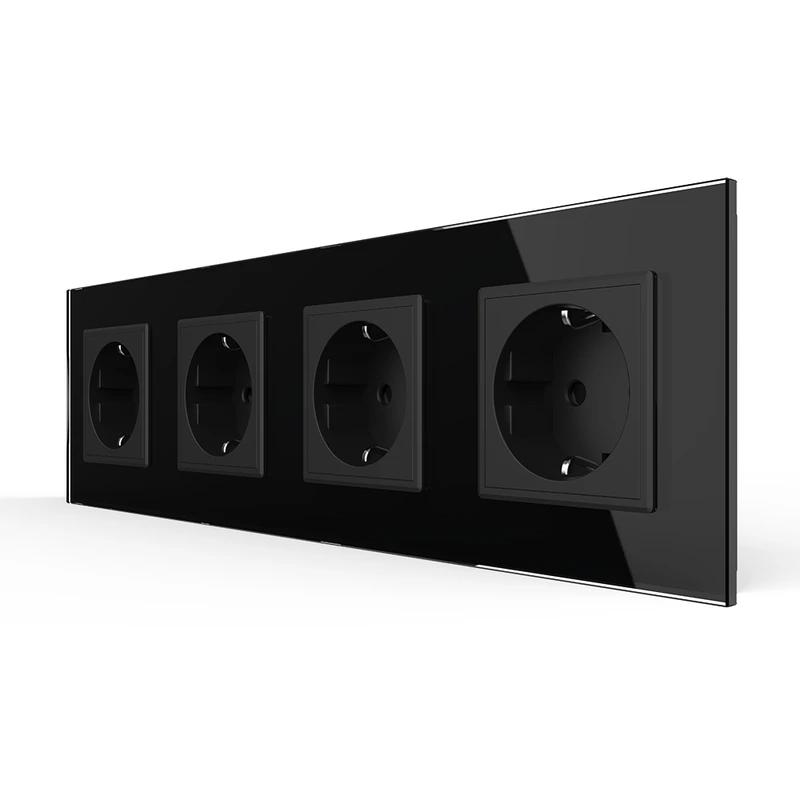 Чотиримісна електрична розетка з заземленням LIVOLO, чорна, скляна рамка, шторки, 250В 16А (VL-C7C4EU-12)