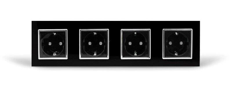 Чотиримісна електрична розетка з заземленням LIVOLO, чорна з хромованою вставкою, скляна рамка, шторки, 250В 16А (VL-C7C4EU-12C)