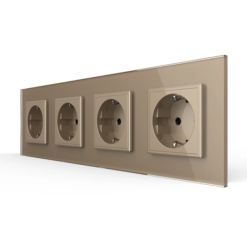 Чотиримісна електрична розетка з заземленням LIVOLO, золота, скляна рамка, шторки, 250В 16А (VL-C7C4EU-13)