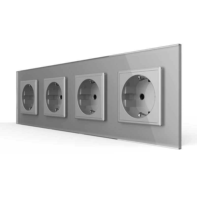Чотиримісна електрична розетка з заземленням LIVOLO, сіра, скляна рамка, шторки, 250В 16А (VL-C7C4EU-15)
