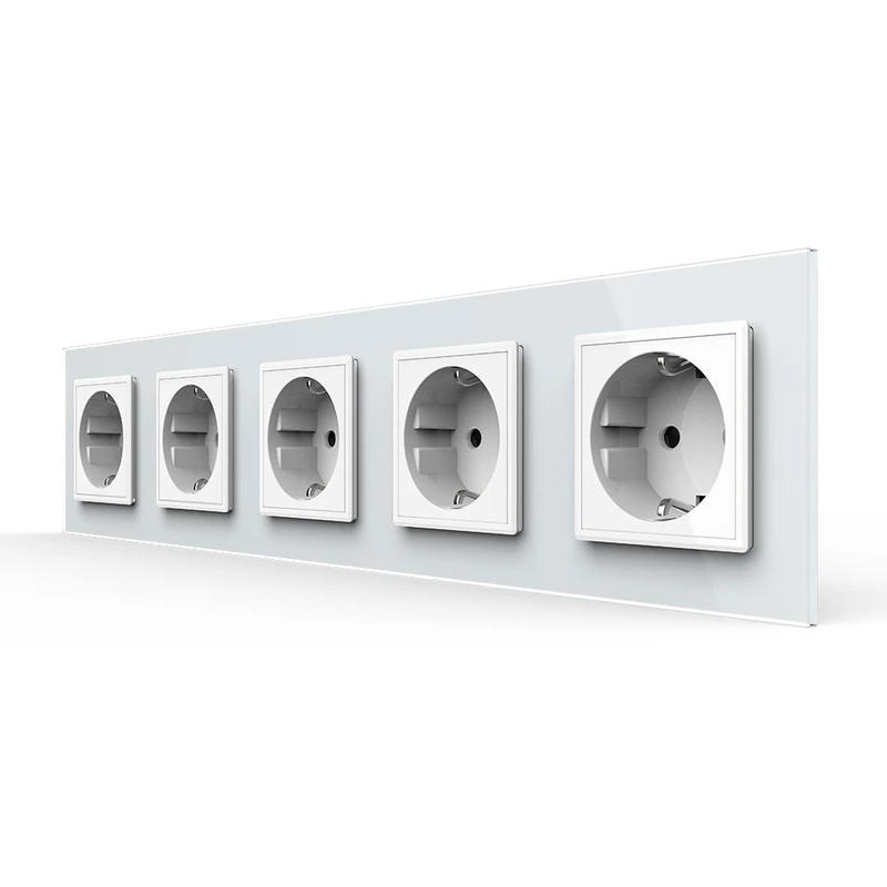 П’ятимісна електрична розетка з заземленням LIVOLO, біла, скляна рамка, шторки, 250В 16А (VL-C7C5EU-11)