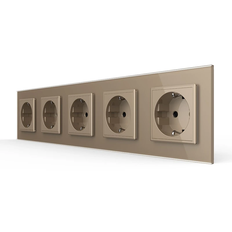 П’ятимісна електрична розетка з заземленням LIVOLO, золота, скляна рамка, шторки, 250В 16А (VL-C7C5EU-13)