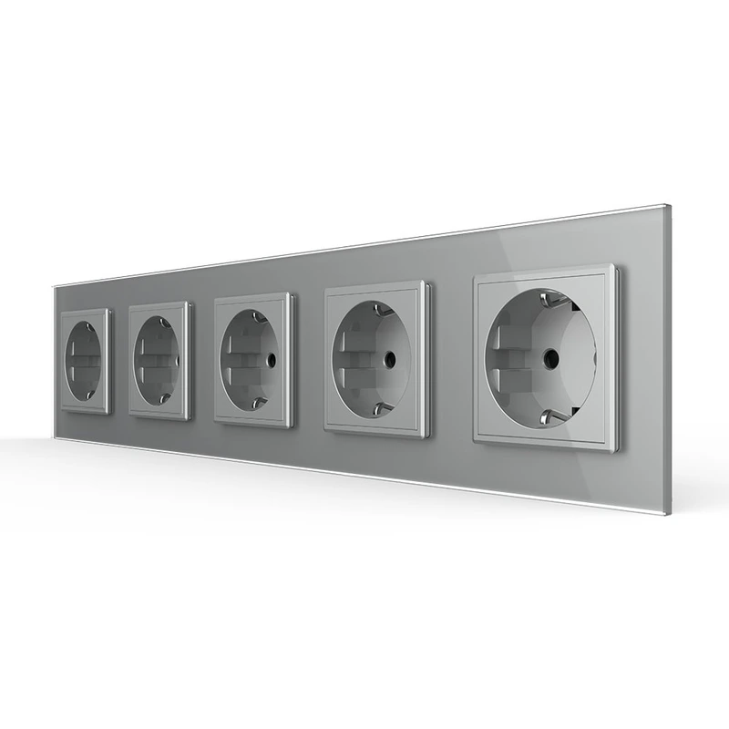 П’ятимісна електрична розетка з заземленням LIVOLO, сіра, скляна рамка, шторки, 250В 16А (VL-C7C5EU-15)
