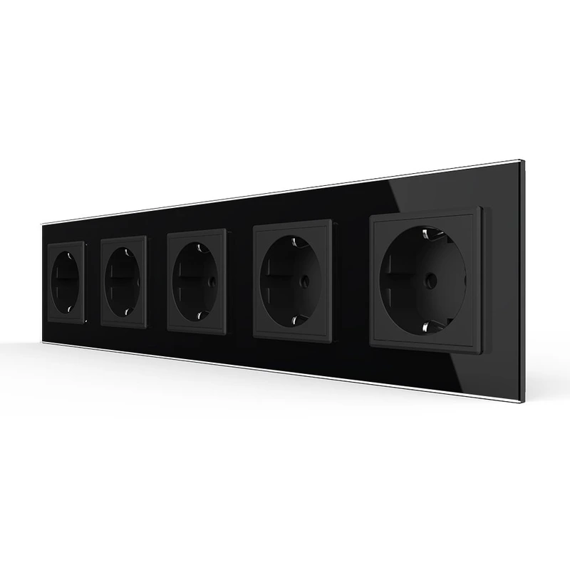 П’ятимісна електрична розетка з заземленням LIVOLO, чорна, скляна матова рамка, шторки, 250В 16А