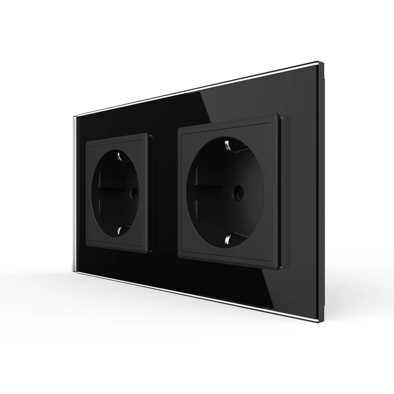 Подвійна електрична розетка з заземленням LIVOLO, чорна, скляна матова рамка, шторки, 250В 16А