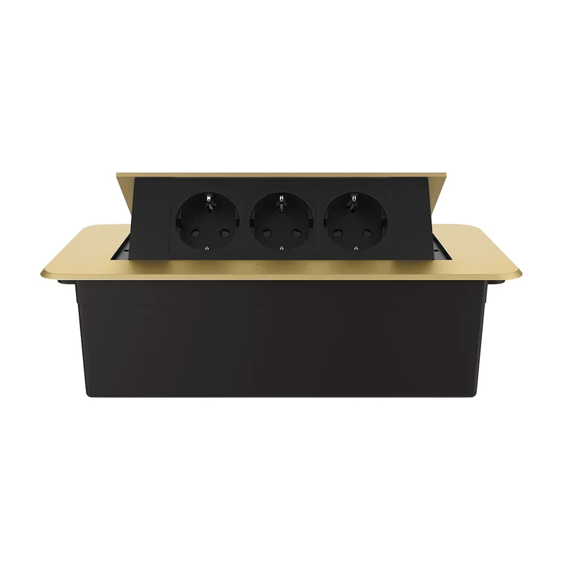 Меблева розетка потрійна LIVOLO золота, вбудована у стільницю, для кухні/офісу/конференц-залу, висувна, з заземленням, плавне відкриття, алюміній 265×118×70 мм (VL-SHS013-TCBP-A)