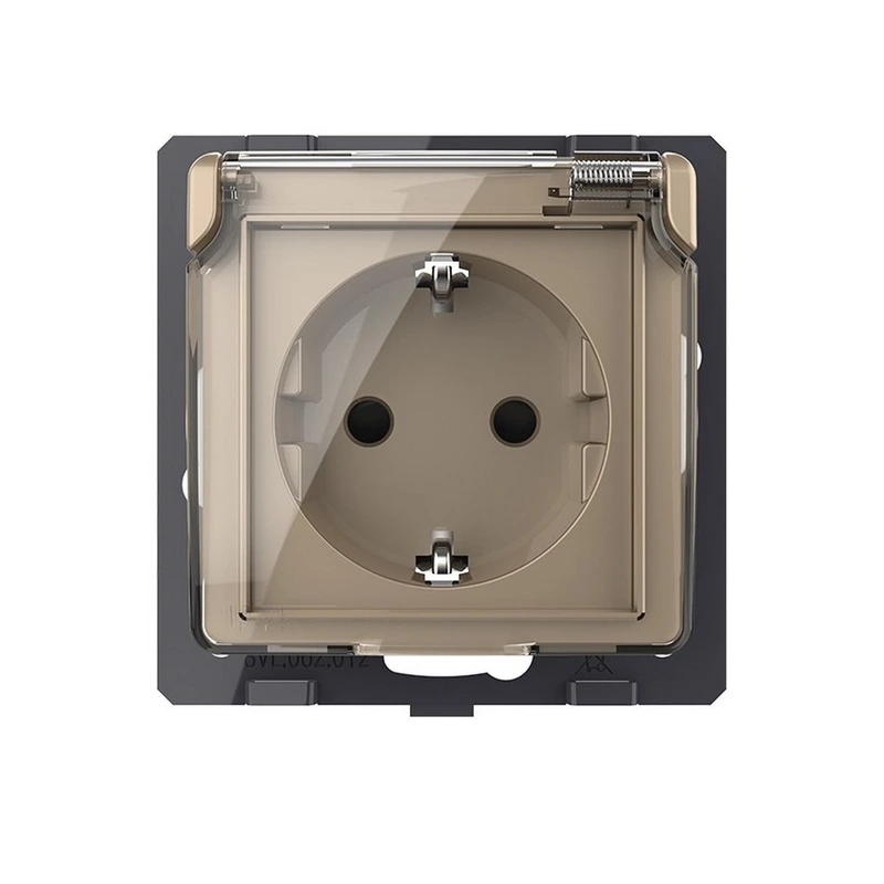 Вологозахищена розетка LIVOLO з кришкою, золота, IP44, 16А 230В, з заземленням та шторками, модуль (VL-FCTC16A/XW001-2AP)