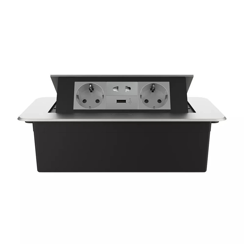 Меблева розетка потрійна LIVOLO срібна, вбудована у стільницю, з USB 10 Вт, універсальною розеткою 2-в-1, висувна, з заземленням, плавне відкриття, алюміній (VL-SHS013-2TC-T25-UA-6IP-S)