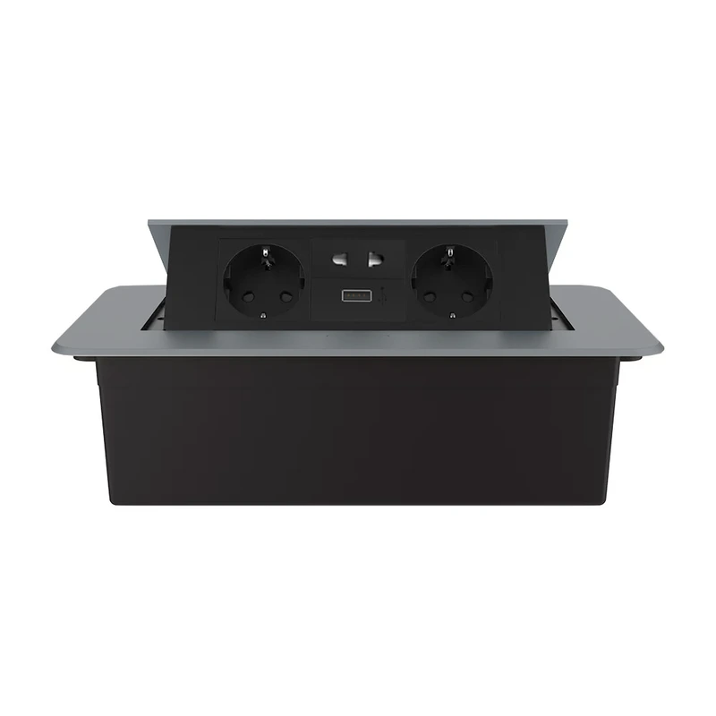 Меблева розетка потрійна LIVOLO сіра, вбудована у стільницю, з USB 10 Вт, універсальною розеткою 2-в-1, висувна, з заземленням, плавне відкриття, алюміній (VL-SHS013-2TC-T25-UA-BP-G)