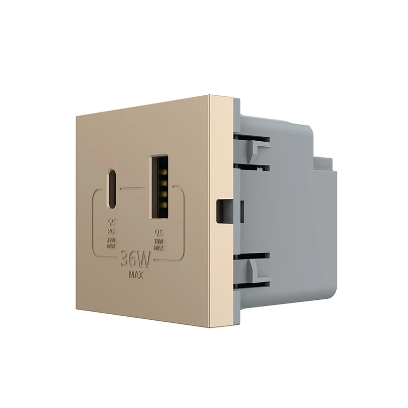 Розетка LIVOLO USB-A + USB-C PD 36Вт, золота, швидке заряджання, Power Delivery QC 3.0, модуль (VL-FCUA18W.UC18W-2AP)