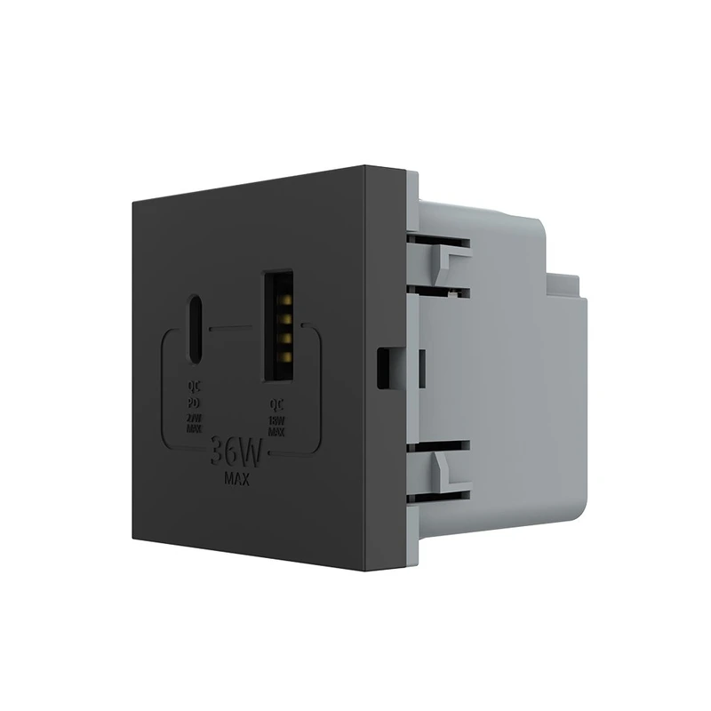 Розетка LIVOLO USB-A + USB-C PD 36Вт, чорна, швидке заряджання, Power Delivery QC 3.0, модуль (VL-FCUA18W.UC18W-2BP)