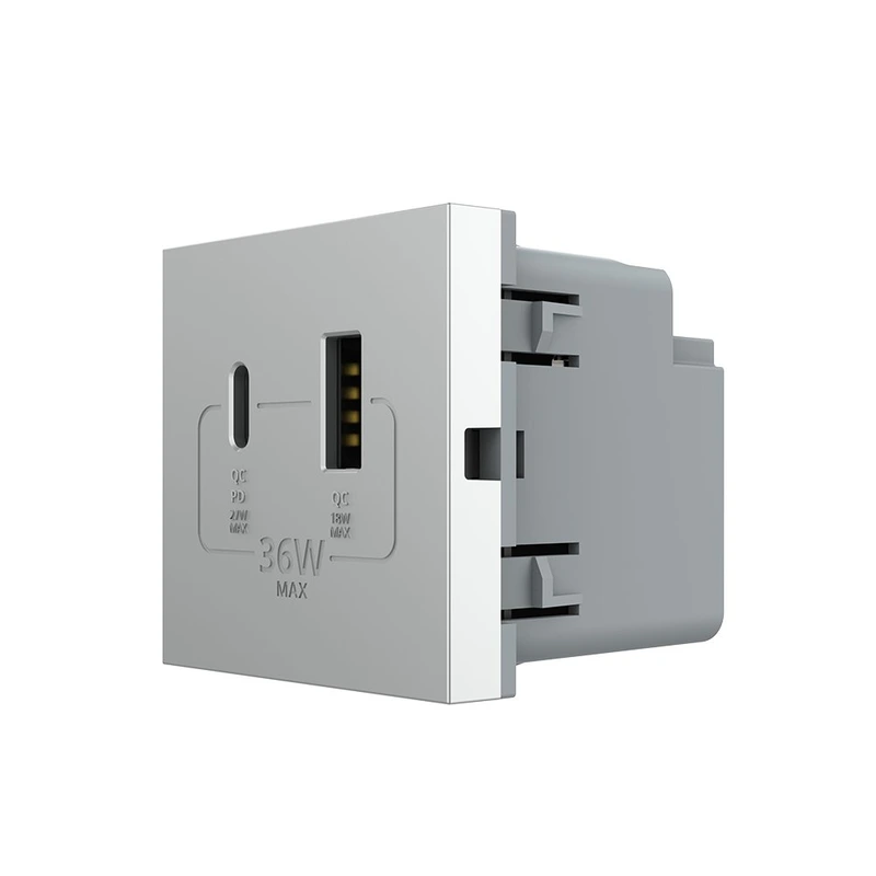 Розетка LIVOLO USB-A + USB-C PD 36Вт, сіра, швидке заряджання, Power Delivery QC 3.0, модуль (VL-FCUA18W.UC18W-2IP)