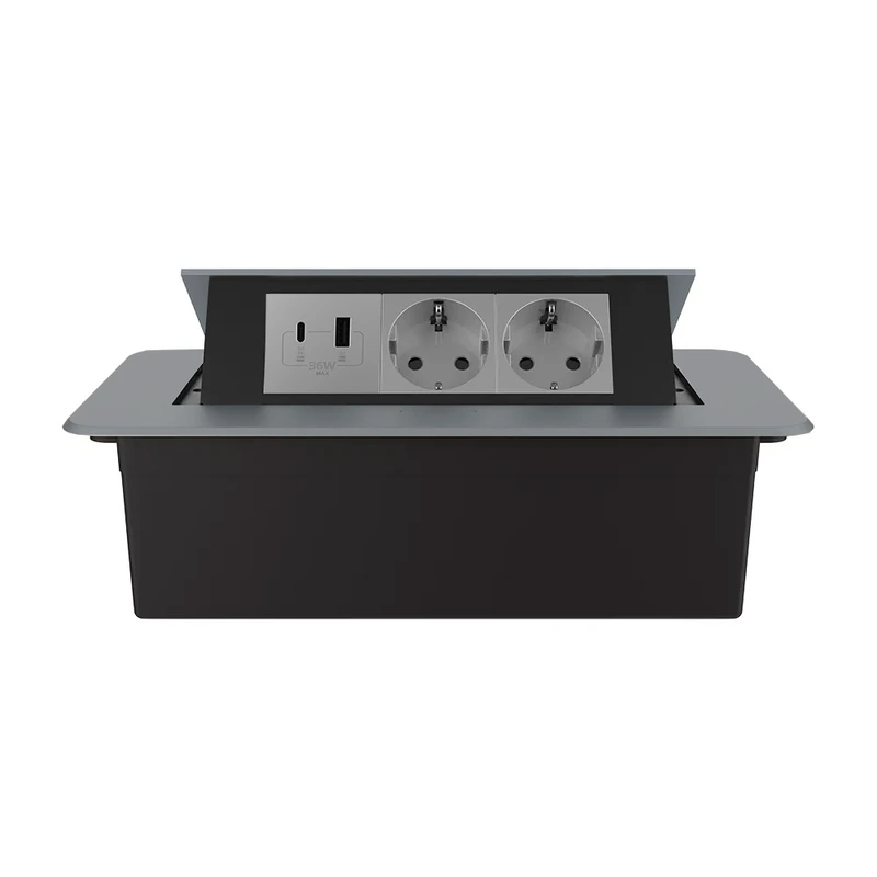 Меблева розетка потрійна LIVOLO сіра, вбудована у стільницю, з USB-A і USB Type-C 36 Вт, висувна, з заземленням, плавне відкриття, алюміній (VL-SHS013-TC-UA.UC-IP-G)