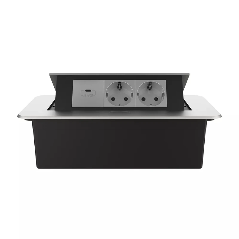 Меблева розетка потрійна LIVOLO срібна, вбудована у стільницю, з USB Type-C 45 Вт, висувна, з заземленням, плавне відкриття, алюміній (VL-SHS013-TC-UC45W-6IP-S)