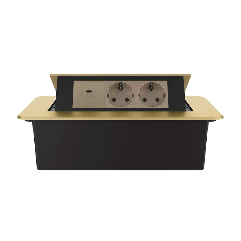 Меблева розетка потрійна LIVOLO золота, вбудована у стільницю, з USB Type-C 45 Вт, висувна, з заземленням, плавне відкриття, алюміній (VL-SHS013-TC-UC45W-AP-A)