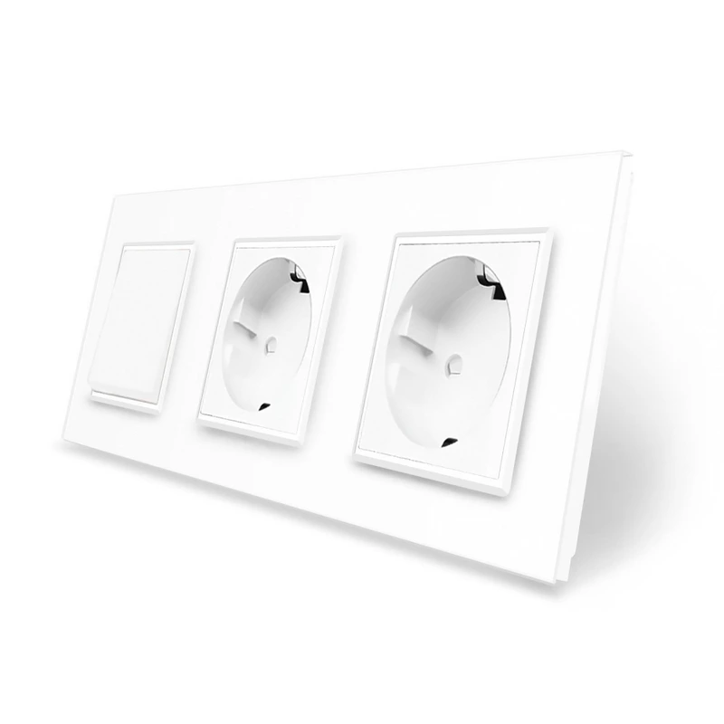 Одноклавішний вимикач з подвійною розеткою Livolo білий скло (VL-C7C2EUK1-11)