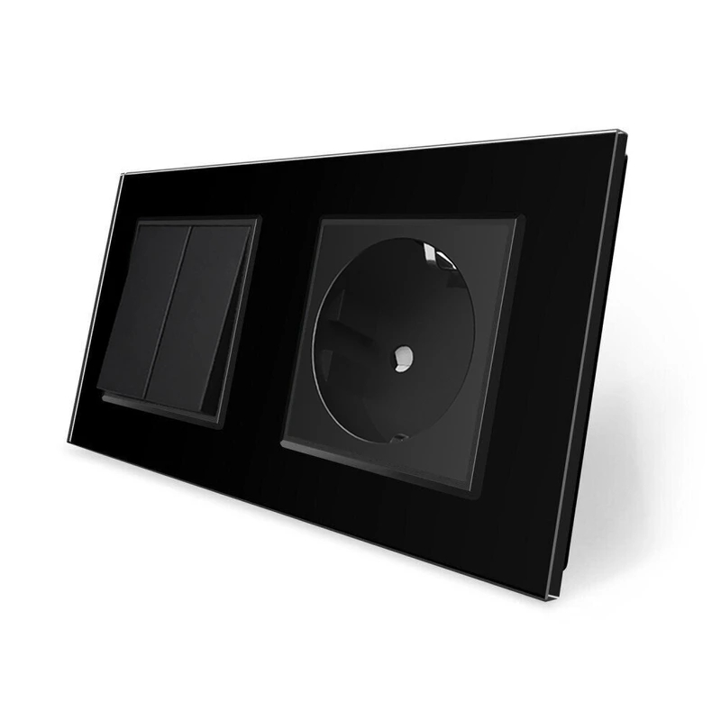 Двоклавішний вимикач з розеткою LIVOLO чорний матовий скло