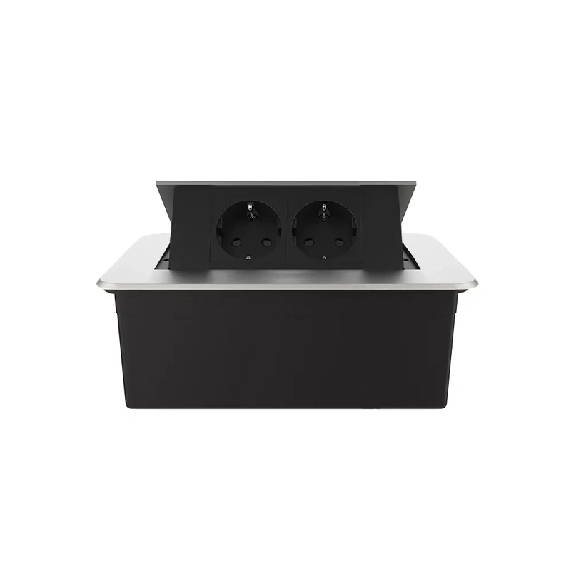 Меблева розетка подвійна LIVOLO срібна, вбудована у стільницю, для кухні/офісу/конференц-залу, висувна, з заземленням, плавне відкриття, алюміній 155×118×70 мм (VL-SHS012-TCBP-I) (VL-SHS012-TC-BP-S)