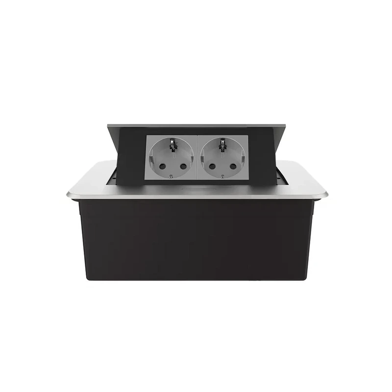 Меблева розетка подвійна LIVOLO срібна, вбудована у стільницю, для кухні/офісу/конференц-залу, висувна, з заземленням, плавне відкриття, алюміній 155×118×70 мм (VL-SHS012-TCIP-I) (VL-SHS012-TC-IP-S)