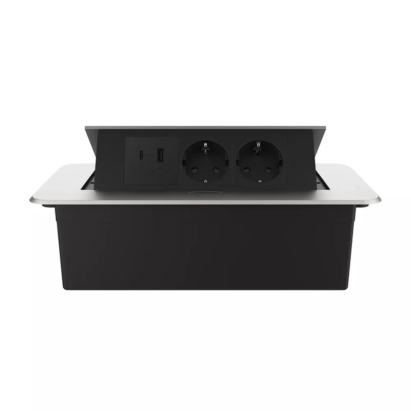 Меблева розетка потрійна LIVOLO срібна, вбудована у стільницю, з USB-A і USB Type-C 36 Вт, висувна, з заземленням, плавне відкриття, алюміній (VL-SHS013-FCTC-FCUA.UCBP-S) (VL-SHS013-TC.UA.UC-BP-S)