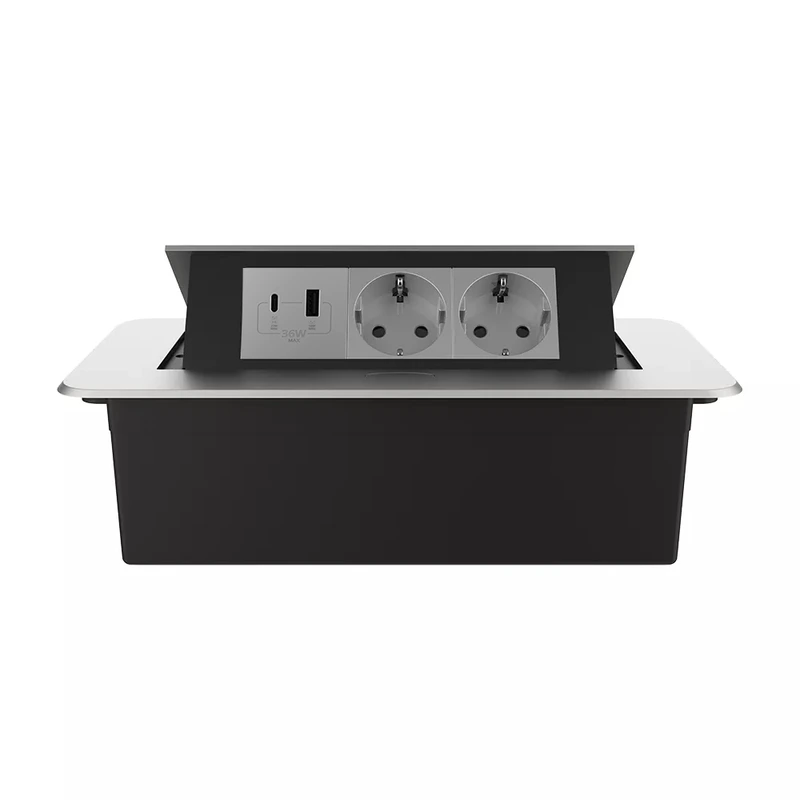 Меблева розетка потрійна LIVOLO срібна, вбудована у стільницю, з USB-A і USB Type-C 36 Вт, висувна, з заземленням, плавне відкриття, алюміній (VL-SHS013-FCTC-FCUA.UCIP-S) (VL-SHS013-TC.UA.UC-IP-S)