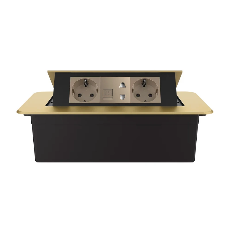 Меблева розетка потрійна LIVOLO золота, вбудована у стільницю для офісу/конференц-залу/кухні, з інтернет RJ-45 і універсальною розеткою 2-в-1, висувна, з заземленням, плавне відкриття, алюміній (VL-SHS013-TC-FCCP-T25-6AP-A) (VL-SHS013-TC.CP.T25-BP-A)