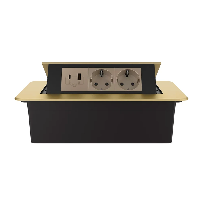 Меблева розетка потрійна LIVOLO золота, вбудована у стільницю, з USB-A і USB Type-C 36 Вт, висувна, з заземленням, плавне відкриття, алюміній (VL-SHS013-TC-UA.UC-AP-A) (VL-SHS013-TC.UA.UC-AP-A)