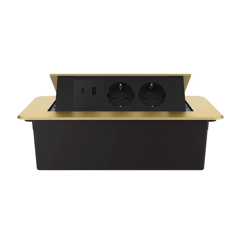 Меблева розетка потрійна LIVOLO золота, вбудована у стільницю, з USB-A і USB Type-C 36 Вт, висувна, з заземленням, плавне відкриття, алюміній (VL-SHS013-TC-UA.UC-BP-A) (VL-SHS013-TC.UA.UC-BP-A)