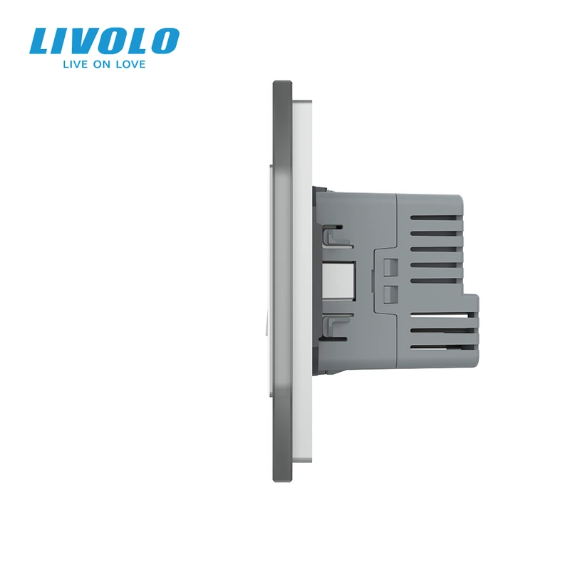 Перехресний 2-клавішний вимикач з розеткою та розеткою з USB Type-C 18Вт, заземлення, LIVOLO сірий матовый скло