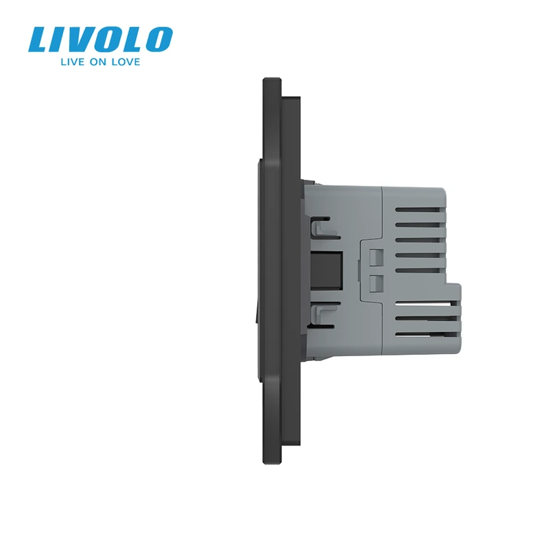 Перехресний вимикач з двома розетками з USB Type-C 18Вт, із заземленням, захисні шторки, LIVOLO чорний матовый скло