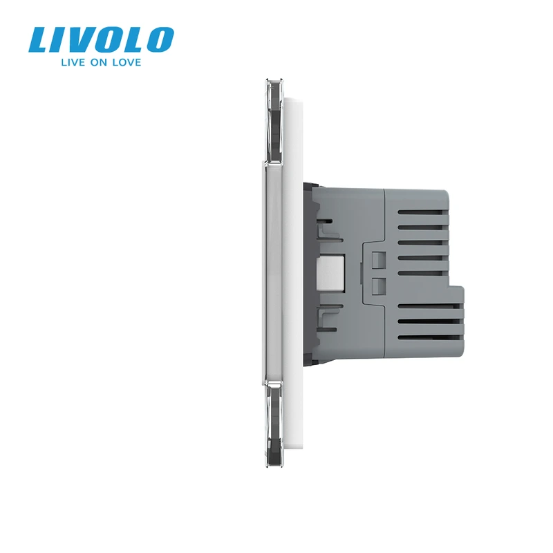 Подвійна розетка LIVOLO з USB Type-C 18Вт, із заземленням, шторки, сіра, скляна рамка, 250В, 16А