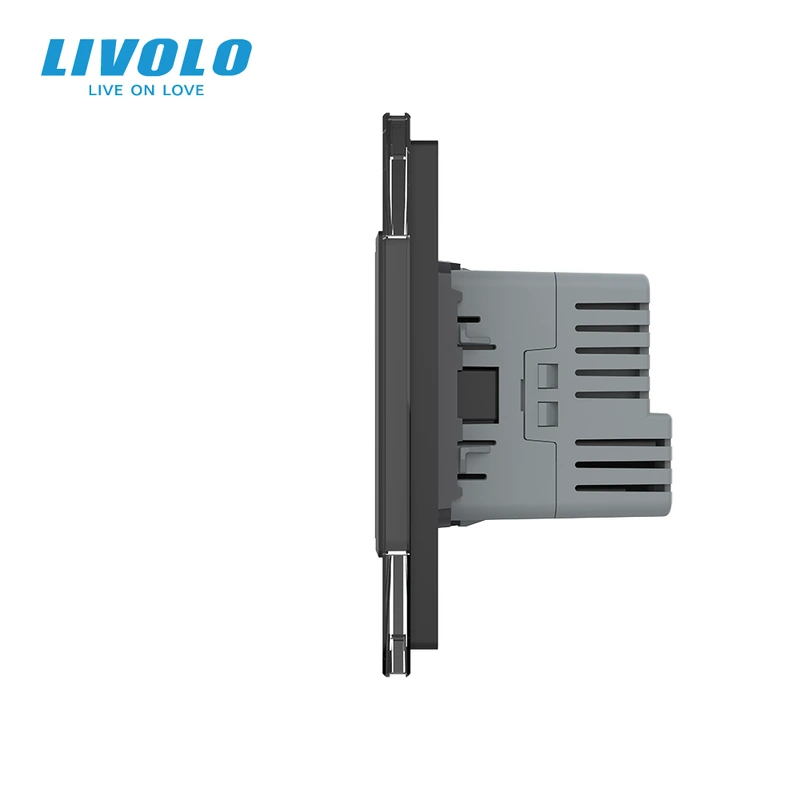 Прохідний сенсорний вимикач із двома розетками та USB Type-C 18 Вт, із заземленням LIVOLO чорний скло