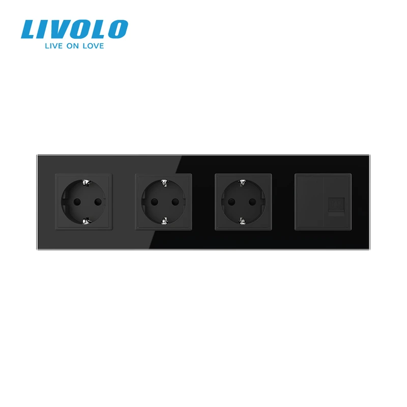 Розетка чотиримісна комбінована Силова Інтернет LIVOLO чорна 2.5D скло