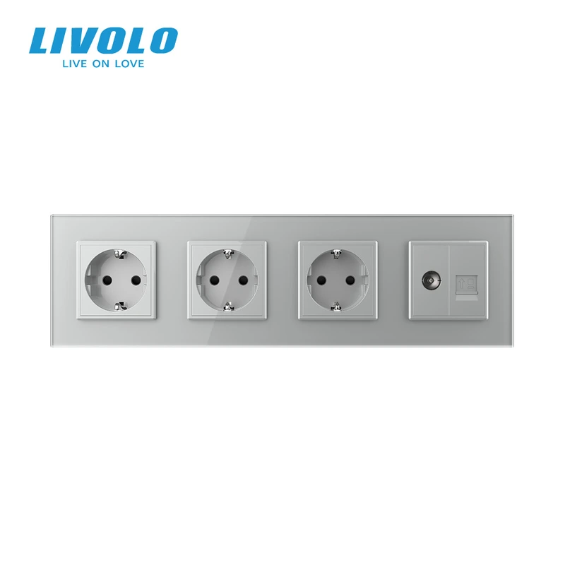 Розетка чотиримісна комбінована Силова Інтернет ТБ LIVOLO сіра 2.5D скло